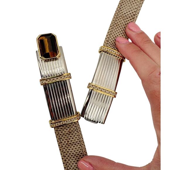 Judith Leiber Belt Vintage Leather Snakelike Metallic Metal Precious Stone 36.5\